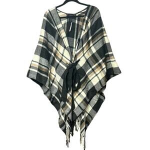 Lane Bryant open front tie waist flannel poncho plaid black white tan One Size